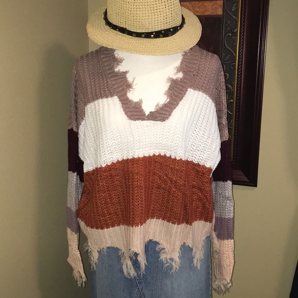 V-Neck Distressed Sweater - Mocha - Picture 4 of 4